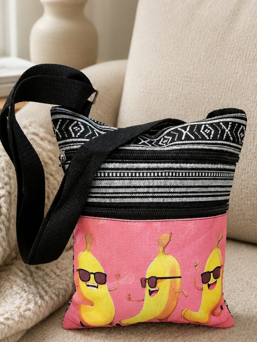 Canvas Crossbody With Funny Banana Print NIP